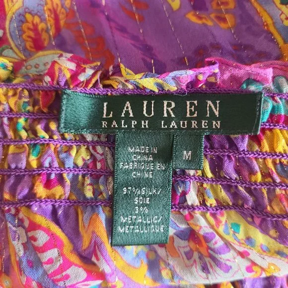 RALPH LAUREN sheer SILK METALLIC off-shoulder floral paisley smocked Boho top M - Picture 6 of 6